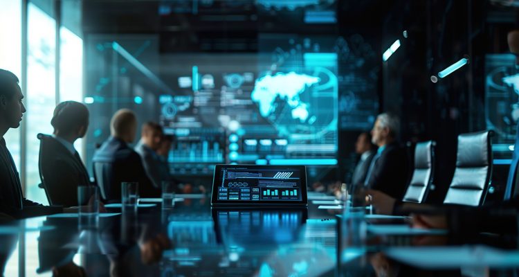 Business professionals in a conference room, analyzing digital data displayed on a screen with a focus on IT infrastructure security.