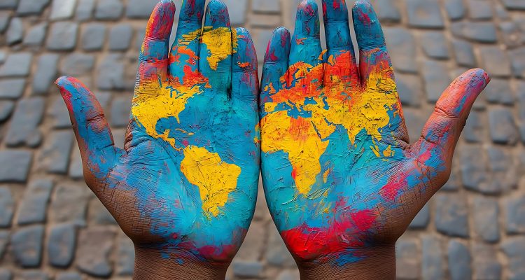 Two open hands painted with a colorful world map, symbolizing global unity, diversity, and international cooperation. The background consists of cobblestone pavement, enhancing the visual focus on the hands and map.