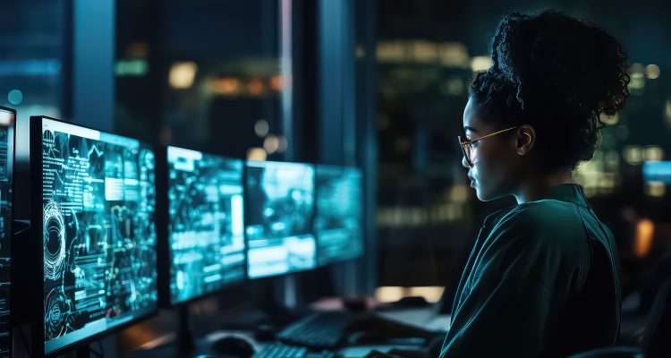 working woman at work in technology control room at night.