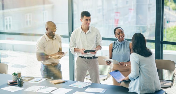 Talking, meeting and business people planning together for teamwork, project or company collaboration. Agenda, office and corporate employees speaking about brainstorming, ideas or our vision.