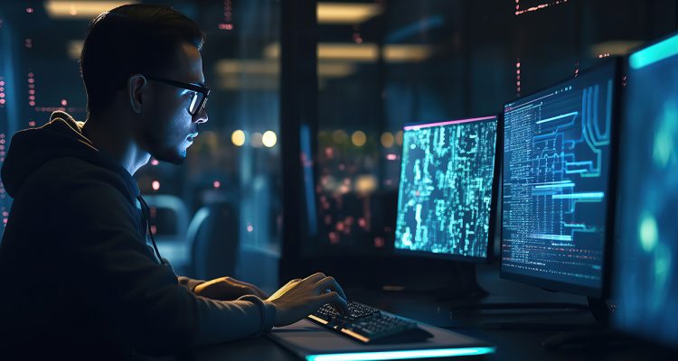 Computer programmer, software engineer coding on modern computer with data science, software development, cloud computing, digital technology, big data management, data exchange concept.