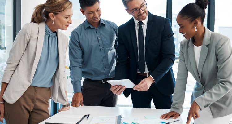 Leadership vision, collaboration and teamwork of a business team in an office work meeting. Corporate company management working on an accounting strategy, finance planning or a financial project.