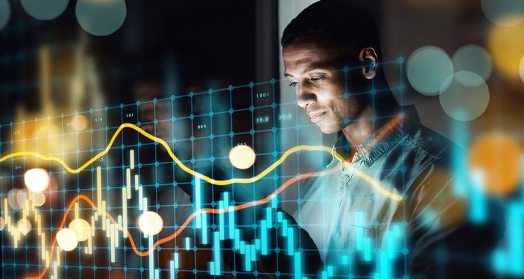 Businessman, tablet and dashboard at night of stock market, trading or graph and chart data at office. Man trader or broker working late on technology checking digital trends, analytics or statistics.