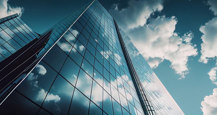Reflective skyscrapers, business office buildings.Low angle phot