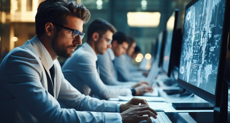 Team of IT professionals working on computers in a server room, Collection and storage of large amounts of data. Checks the operation of servers and automation.