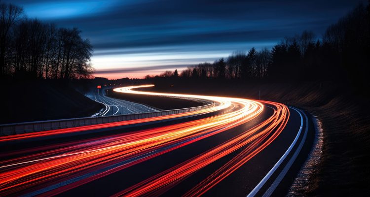 Long exposure highway lights. AI generated illustration