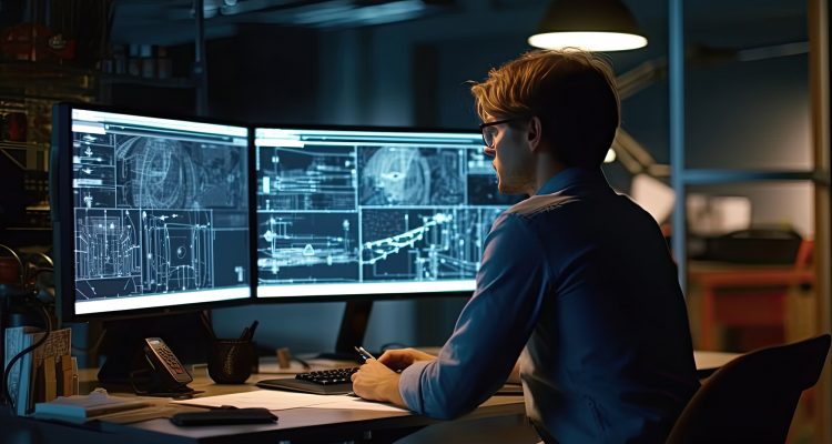 Engineer working on a computer  in office. Engineering and archi