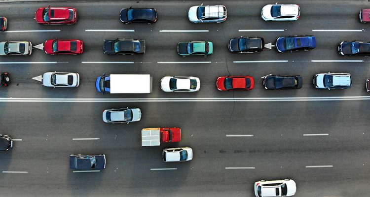 City traffic jam on a highway. Aerial.
