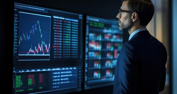 Businessman stands in front of big digital monitors displaying financial data with bar charts. State of the financial system.