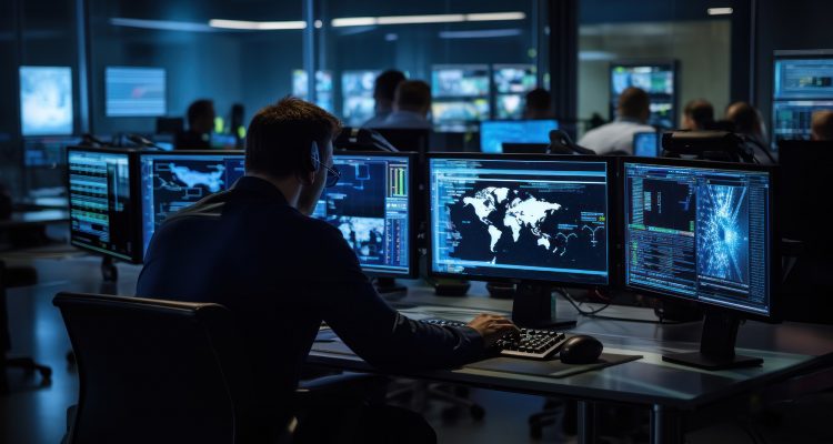 Network operations center ( NOC) with technicians monitoring net