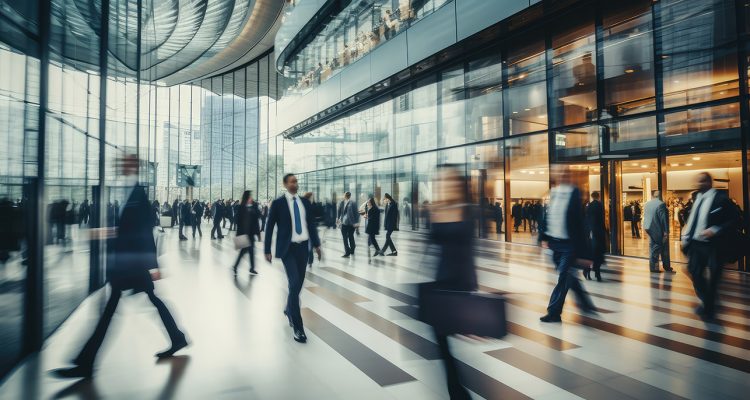 blurred business people in white glass office background, Generative AI