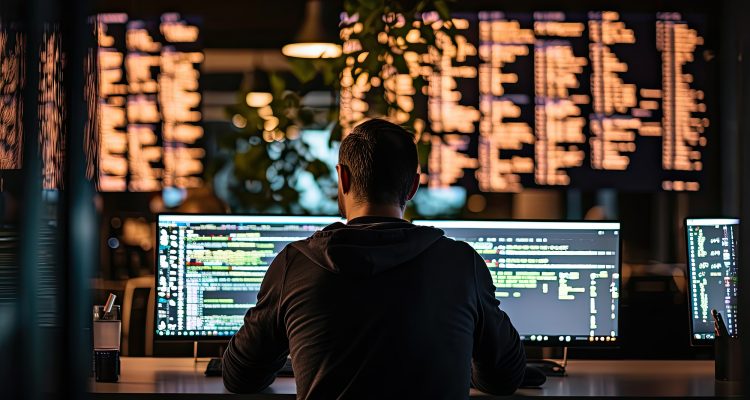 a person of developers with monitors showing lines of code in th