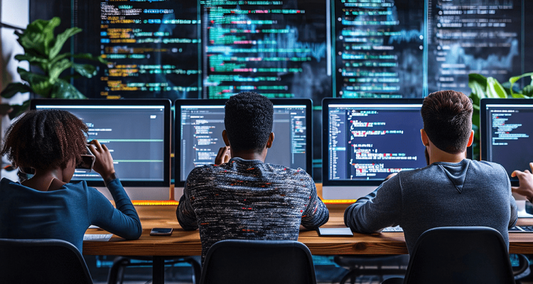 Three individuals are seated at a desk in front of multiple monitors, deeply engrossed in coding. They are working collaboratively in a modern, tech-savvy office environment with large screens displaying complex programming code. The background features some green plants, adding a touch of nature to the high-tech setting.