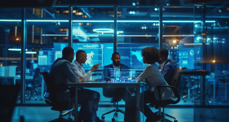 Diverse team of professionals engaged in a high-level discussion around a glass table in a modern, tech-enabled office. Surrounded by transparent walls and digital displays with data and analytics, the scene conveys innovation, cybersecurity strategy, or business intelligence planning.