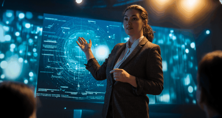 Woman presenting AI-driven data analytics on a digital screen during a business presentation.