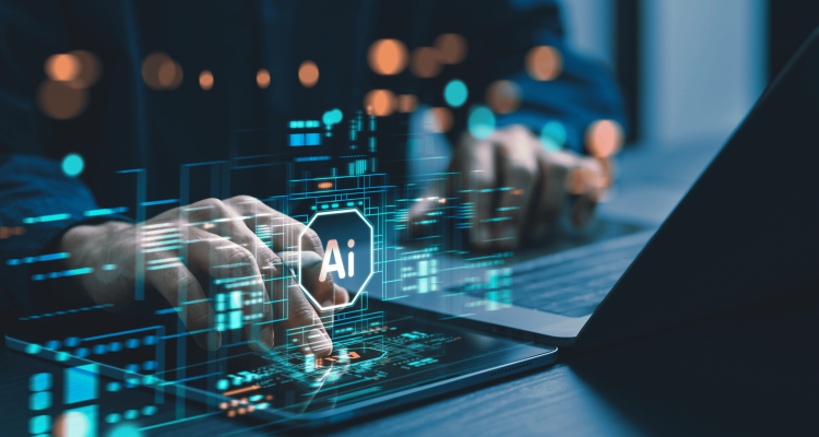 lose-up of a person using a tablet and laptop with a holographic interface displaying "AI" and digital data elements. The futuristic concept highlights artificial intelligence and advanced technology in a modern workspace.